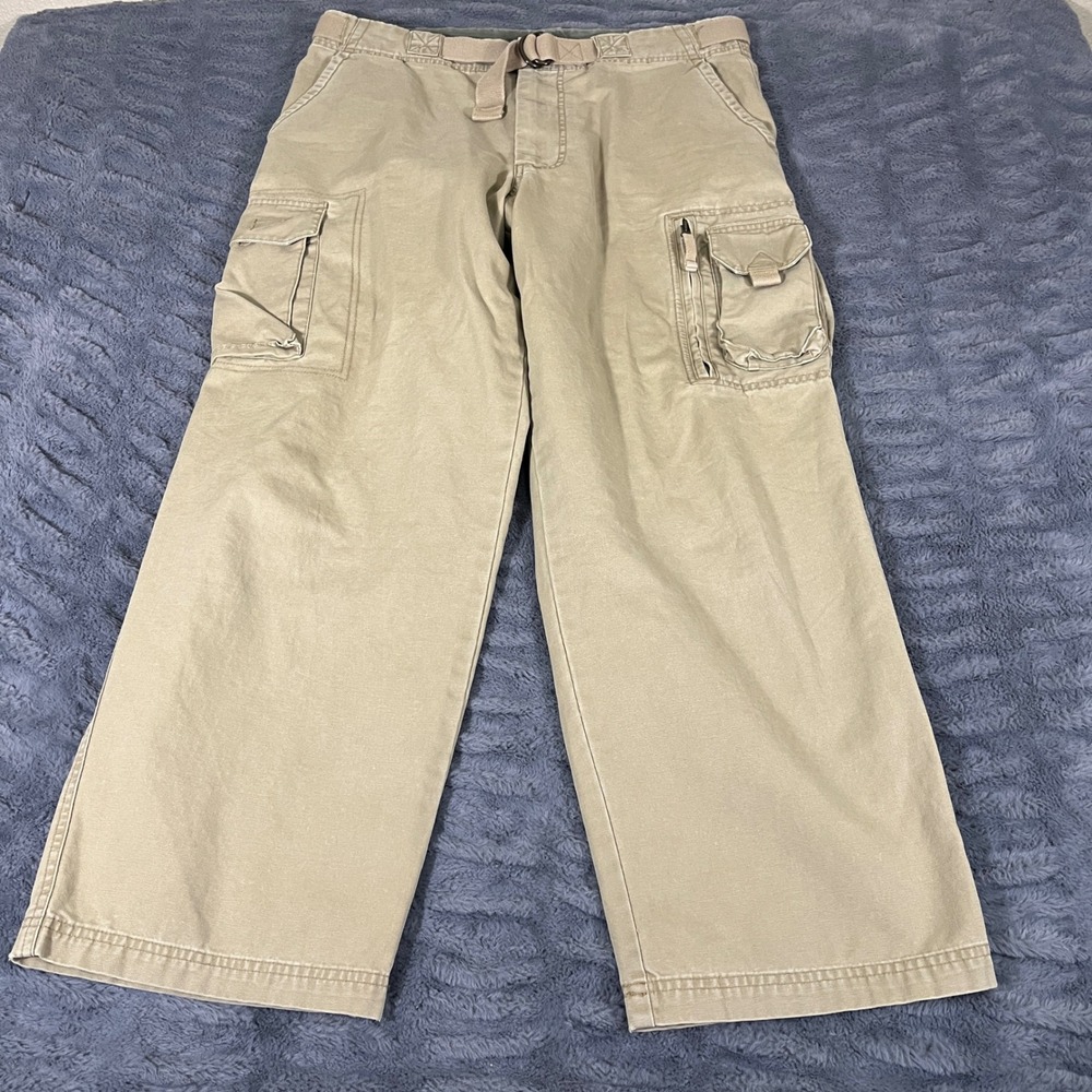 Old Navy Mens 36x30 Khaki Cargo Pants Baggy Wide Leg‎ Cotton Canvas Web Belt Y2K